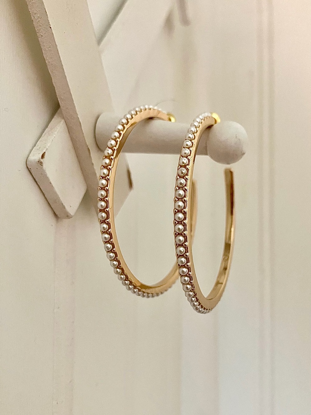 Gold Tone Faux Pearl Large Hoop Earrings wedding guest preppy